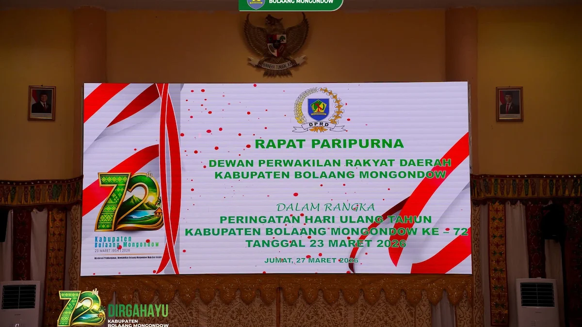 layar utama rapat paripurna dprd bolmong hut ke 72 tahun 2026
