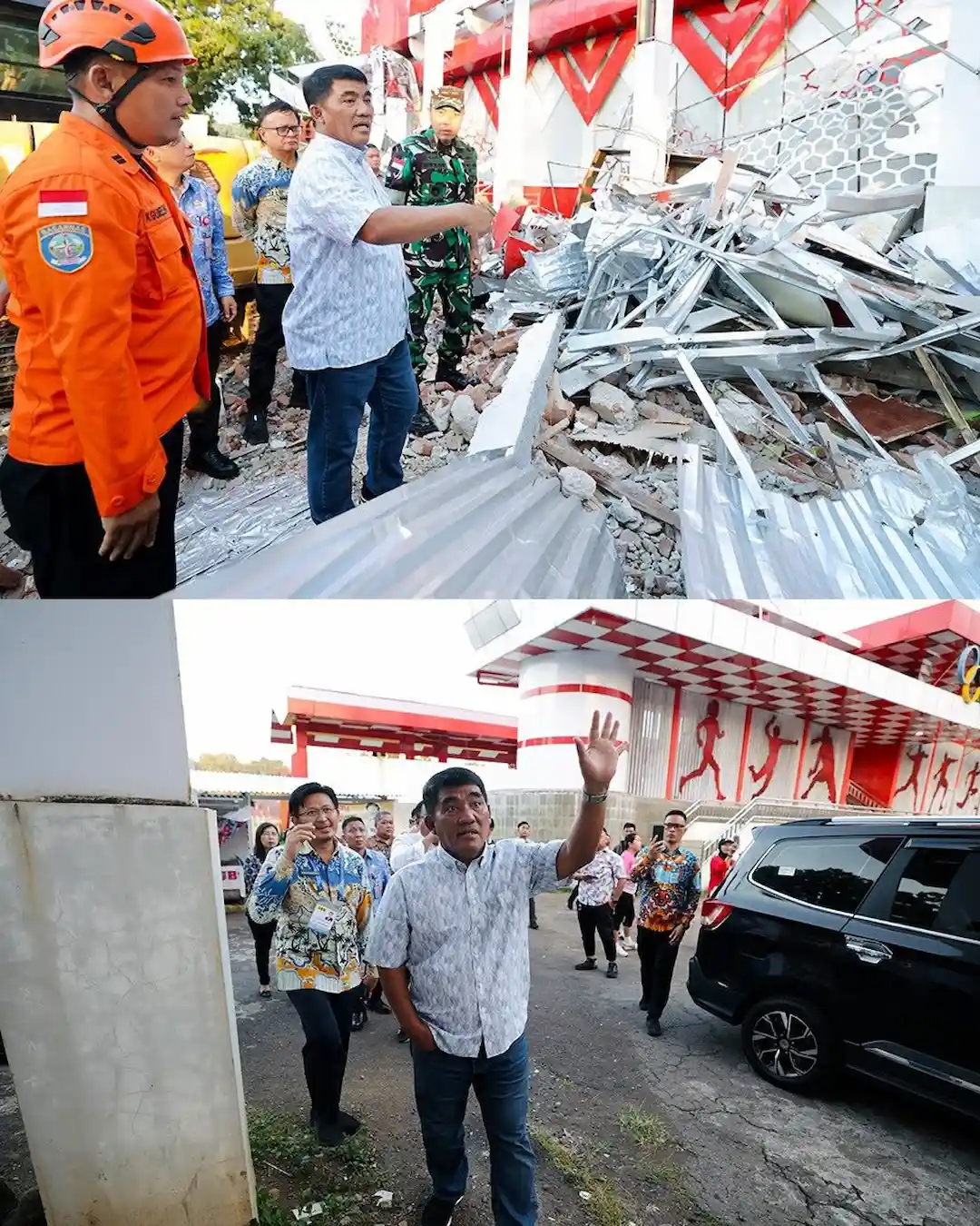 Gubernur Yulius Selvanus mengecek kondisi sekitar Gedung KONI Sario setelah gempa