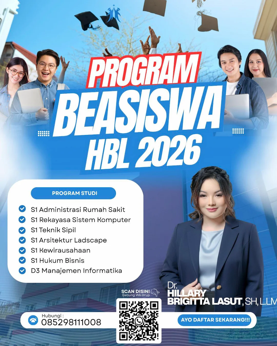 Poster Program Beasiswa HBL 2026 dari Hillary Brigitta Lasut untuk mahasiswa Sulawesi Utara
